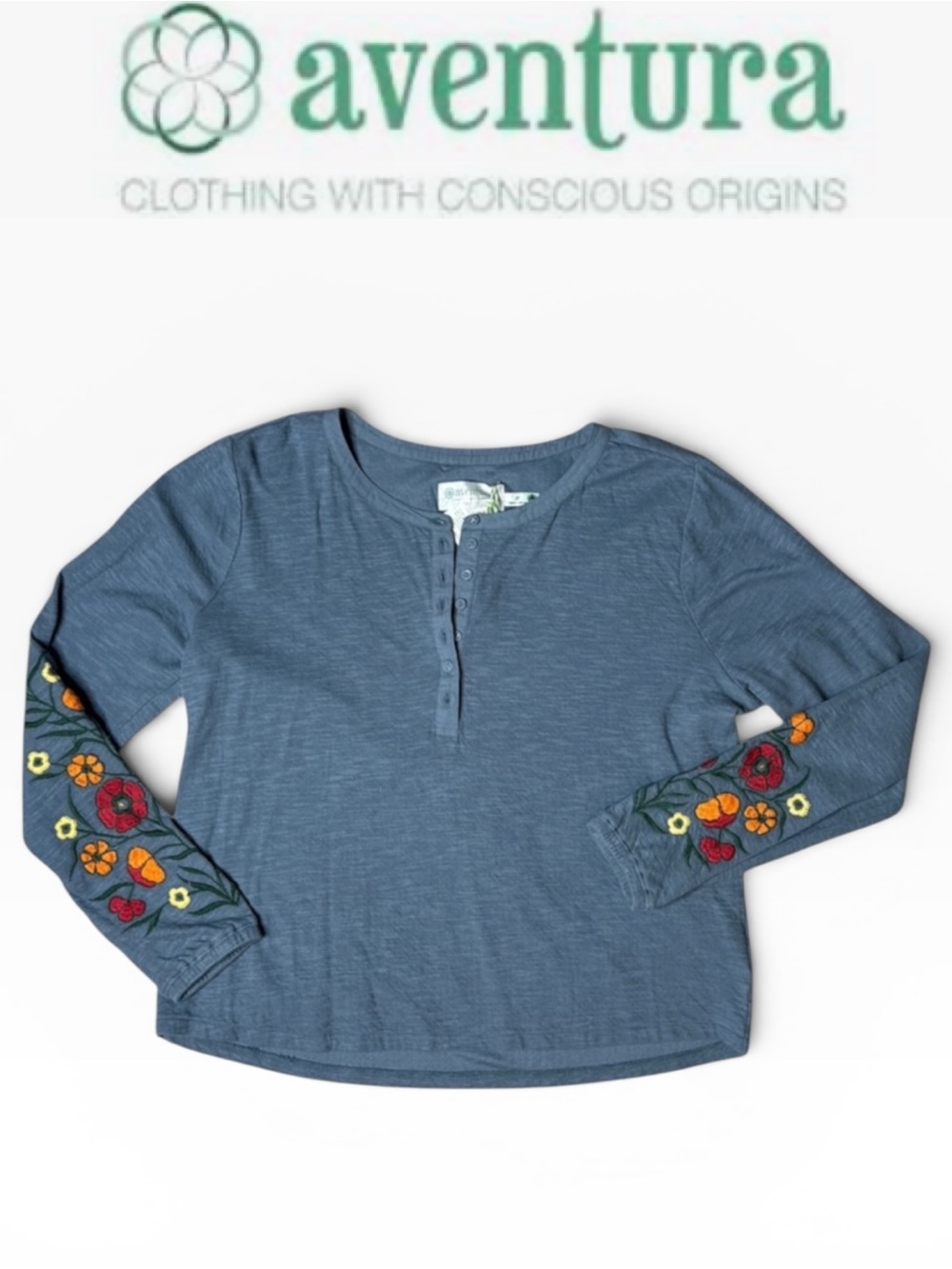AVENTURA JULIANA HENLEY TOP NWT BLUE MIRAGE ORGANIC COTTON FLORAL EMBROIDERED XL